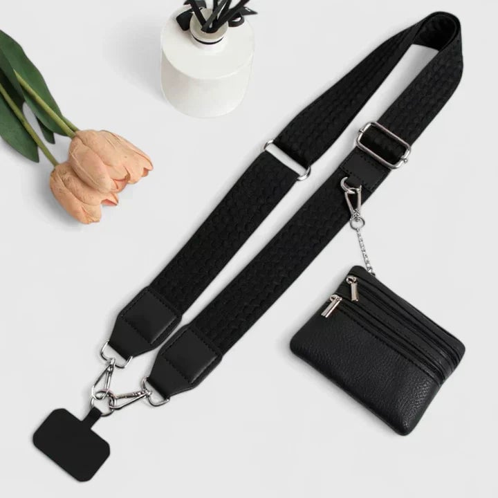 Phone holder open to show interior card and phone storage pocket