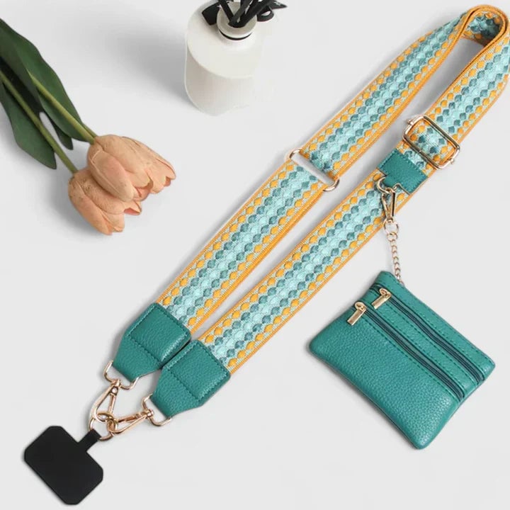 Model wearing the elegant phone holder crossbody on a city outing
