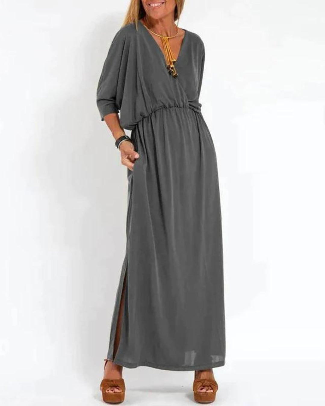 Close-up of the Denise long maxi dress showing lightweight fabric drape and elegant fit