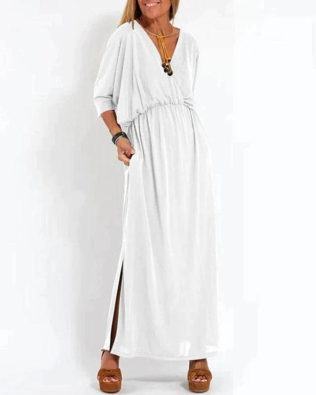 Front view of the Denise long maxi dress highlighting its feminine, flattering silhouette