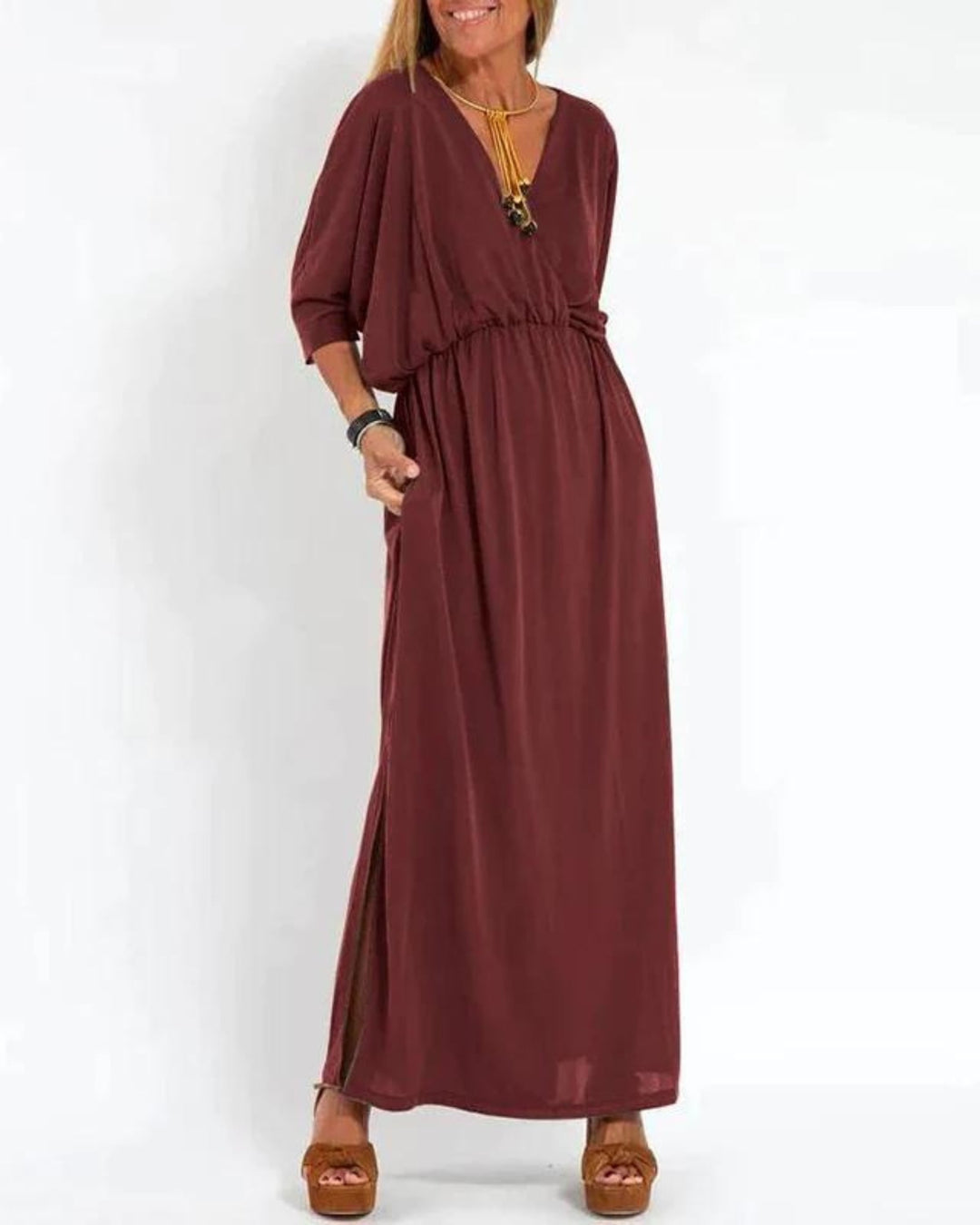 Denise long maxi dress styled with sandals for a casual summer look