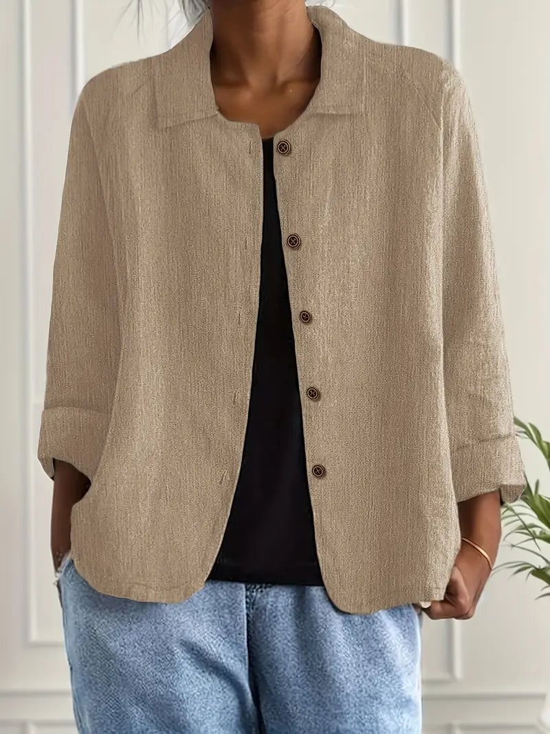 Classic lightweight top in khaki displayed to show versatile everyday styling