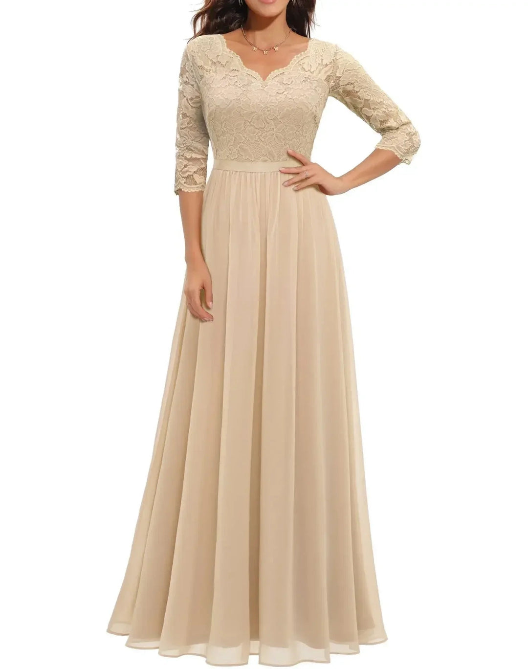 Model wearing an elegant champagne lace long dress with quarter sleeves, full-length flowing skirt, formal occasion style