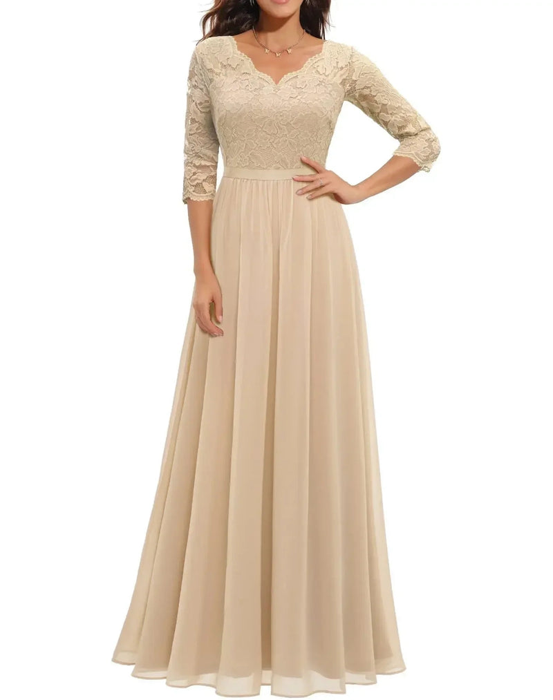 Model wearing an elegant champagne lace long dress with quarter sleeves, full-length flowing skirt, formal occasion style