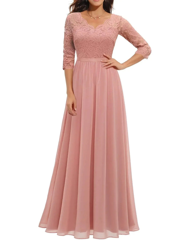 Model in a black lace long dress with short sleeves, showcasing the flowing full-length silhouette