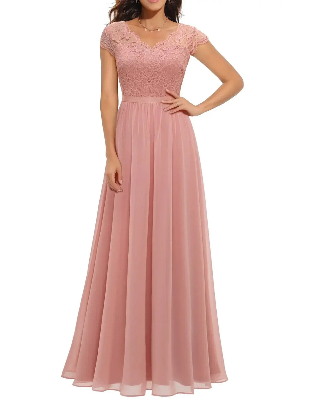 Women's pink lace long dress with quarter sleeves, styled for a formal event or wedding