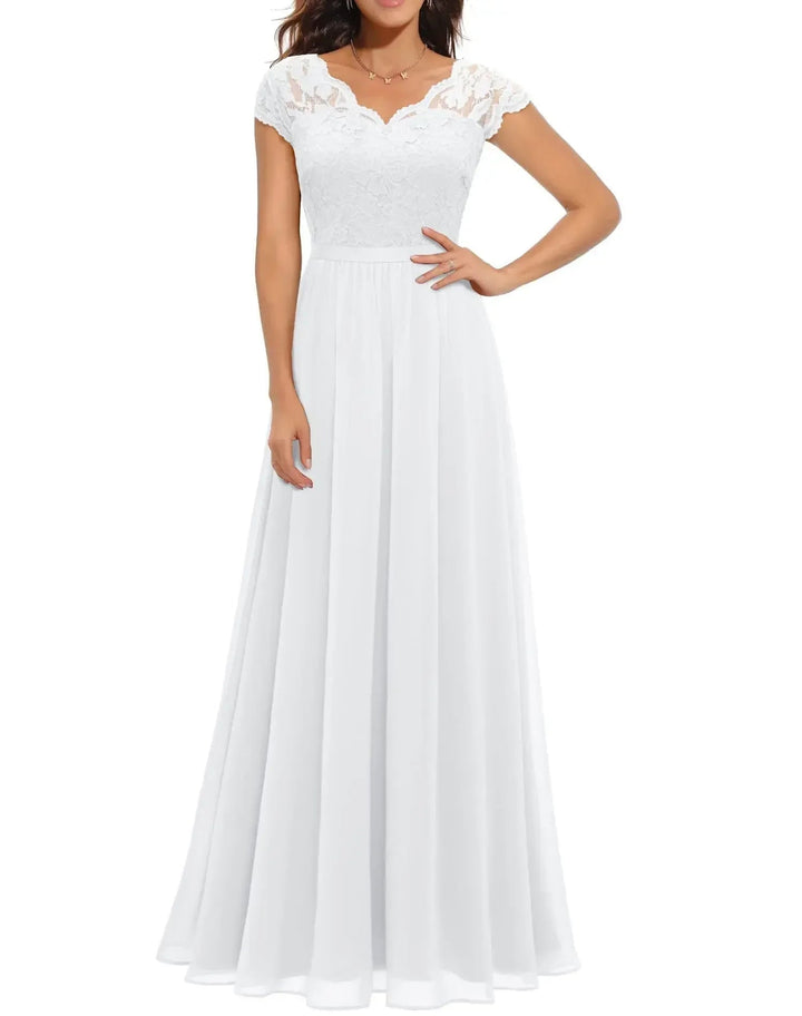 Full-length view of a white women's lace maxi dress with graceful floor-length skirt