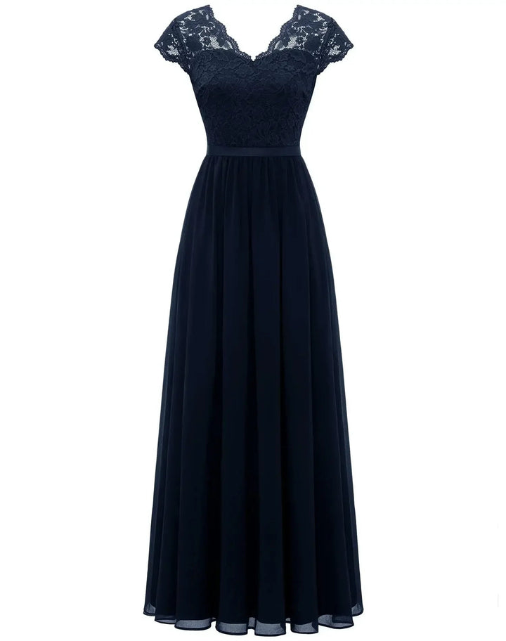 Champagne short sleeve lace dress styled with heels, perfect for an elegant evening occasion
