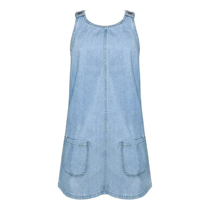 Back view of the Dolores blue denim summer dress showing clean neckline and hem length
