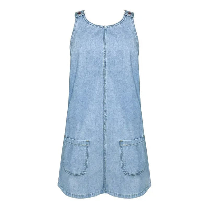 Back view of the Dolores blue denim summer dress showing clean neckline and hem length