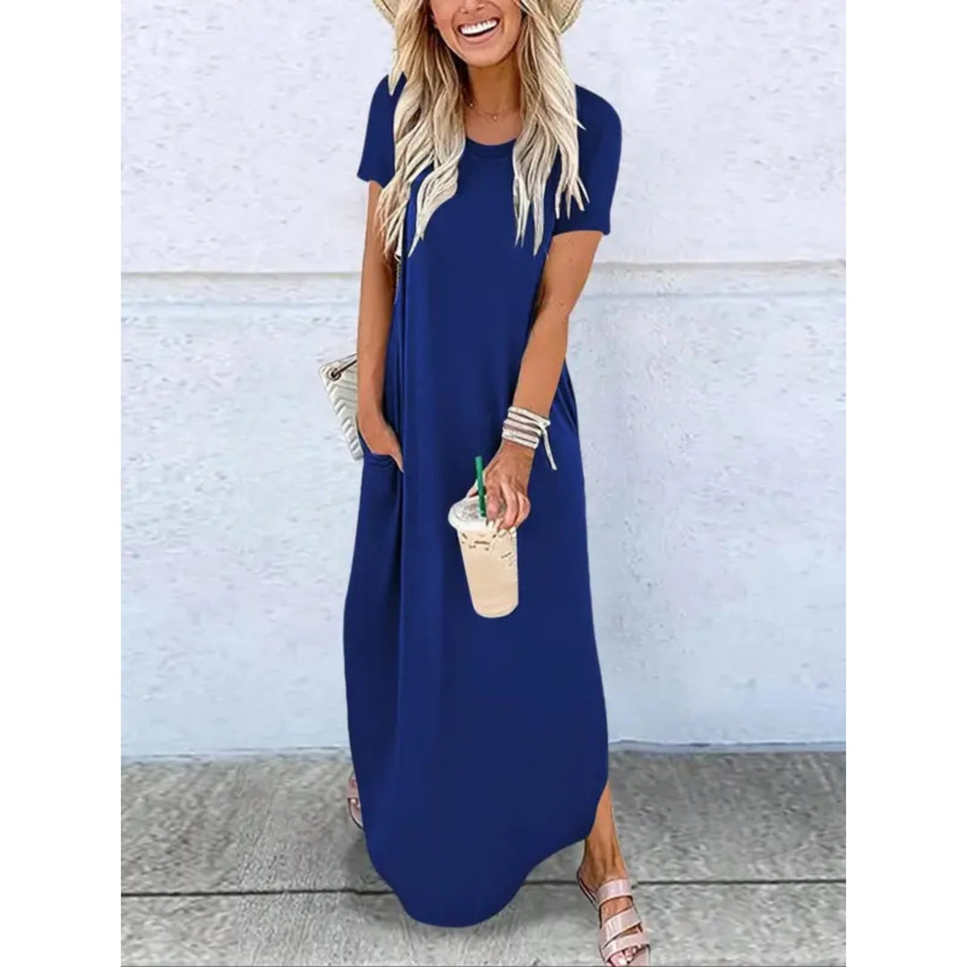 Close-up detail of the round neckline and lightweight fabric on a casual summer maxi dress