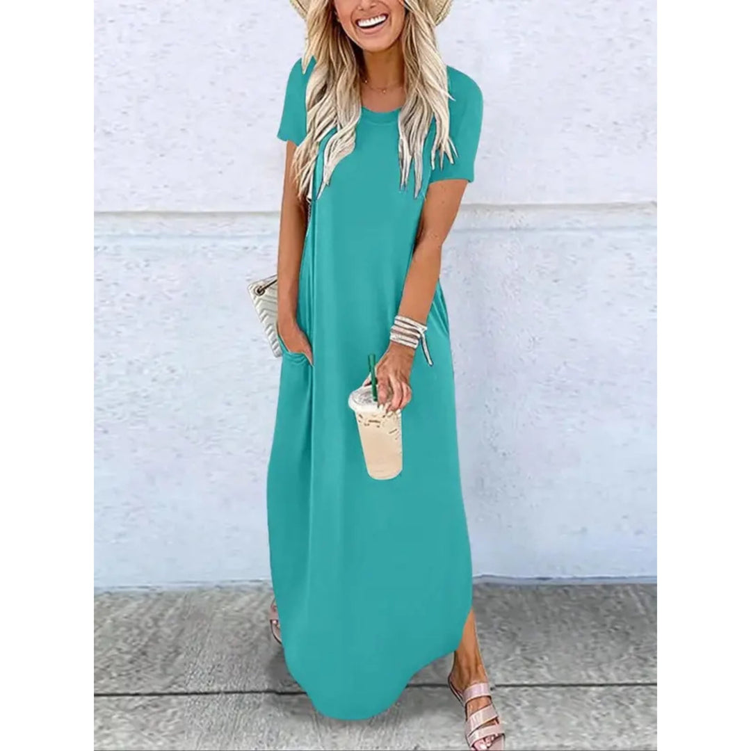 Model in a breezy casual maxi dress showing the relaxed fit and maxi length from the side