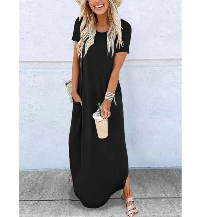 Casual summer maxi dress in a striped print, full-length front view on a model