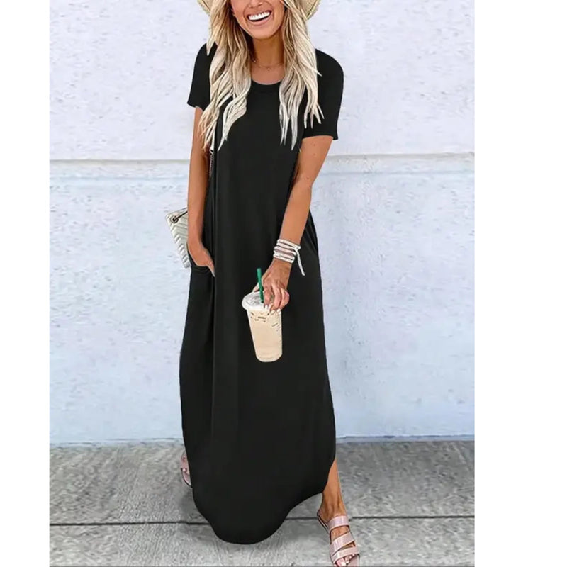 Casual summer maxi dress in a striped print, full-length front view on a model