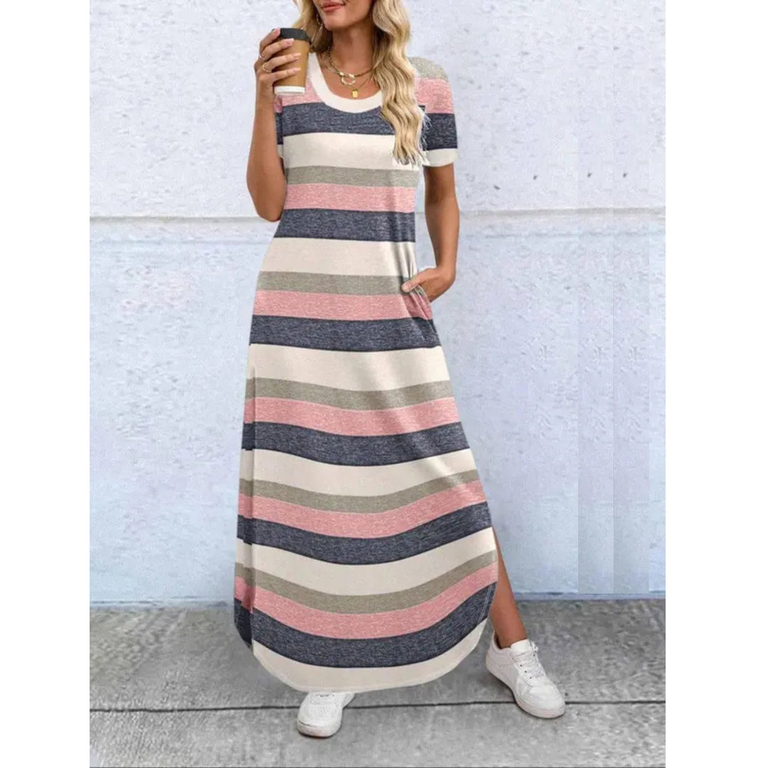Back view of a casual round neck maxi dress showing the relaxed silhouette and maxi length