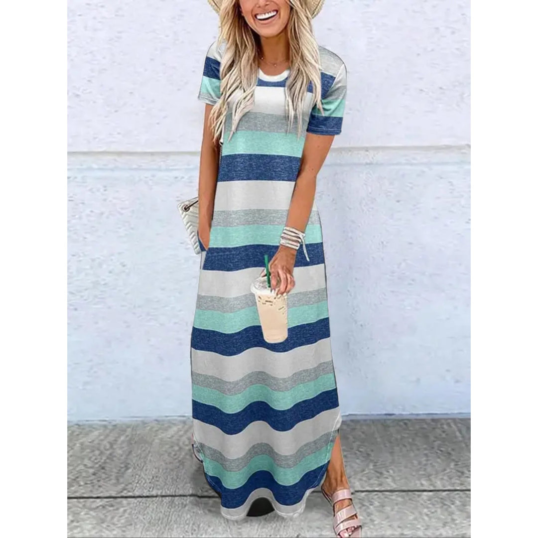 Flat-lay or detail shot of the casual summer maxi dress highlighting fabric texture and color options