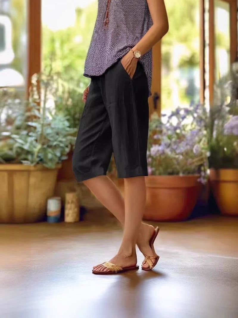 Side view of light summer shorts showing pocket placement and lightweight breathable fabric