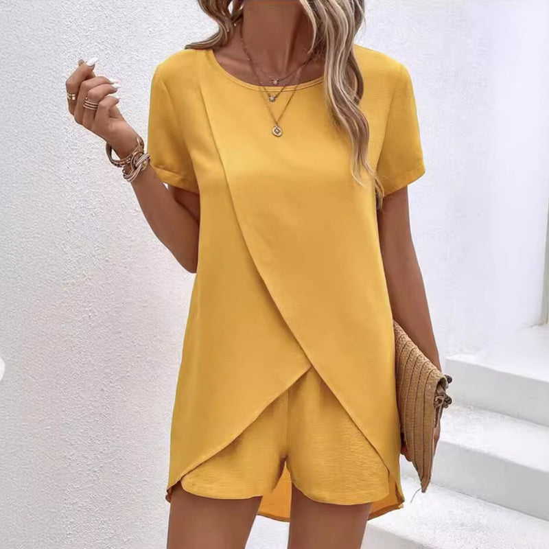 Full-length front view of the summer co-ord lounge set styled with simple accessories