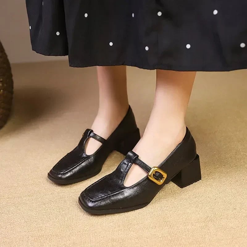 Odette mary jane heels in black, rear view highlighting stable mid-height block heel