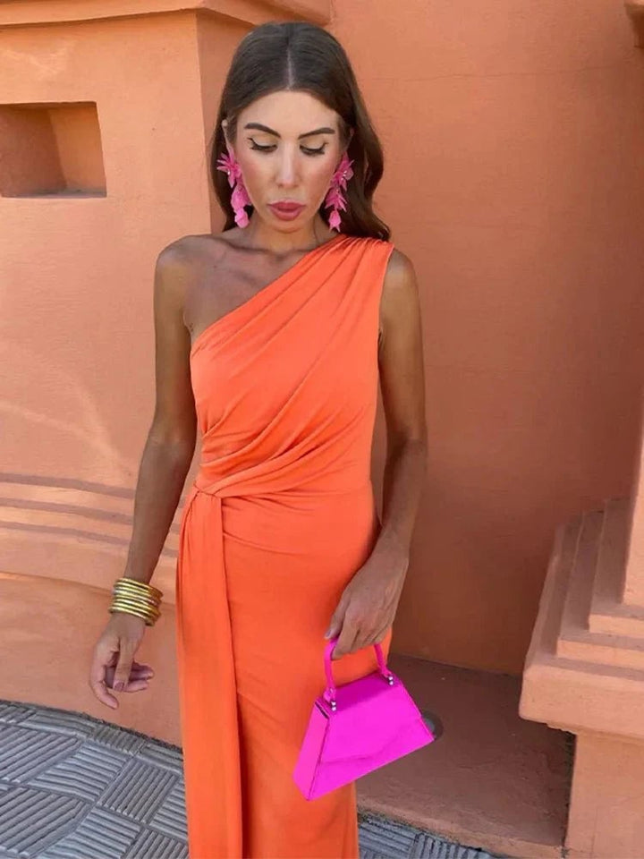 Close-up of the front knot detail on the Dove women's dress in Orange