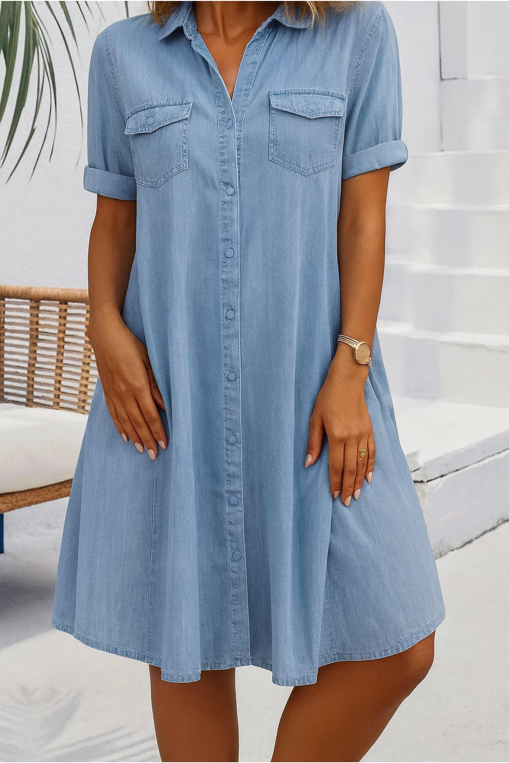 Woman wearing a light blue lightweight denim-look button-down dress with rolled sleeves