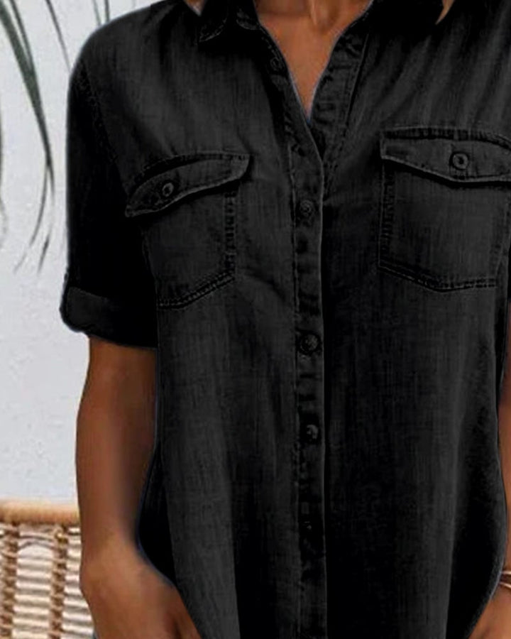 Full-length view of the lightweight denim-look dress in light blue