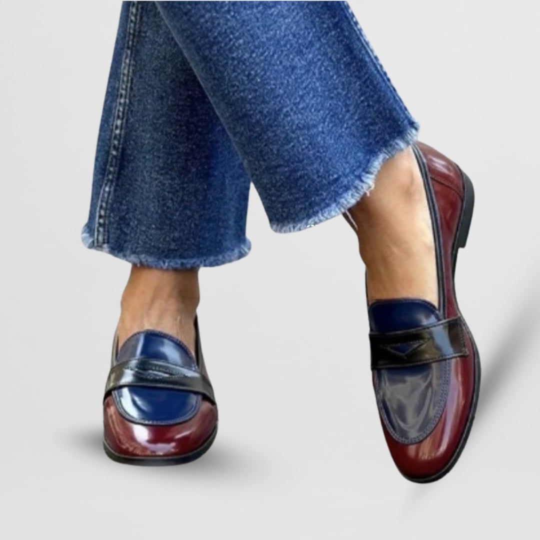 Dulcie comfortable loafers in blue displayed to highlight the flattering silhouette and classic loafer design