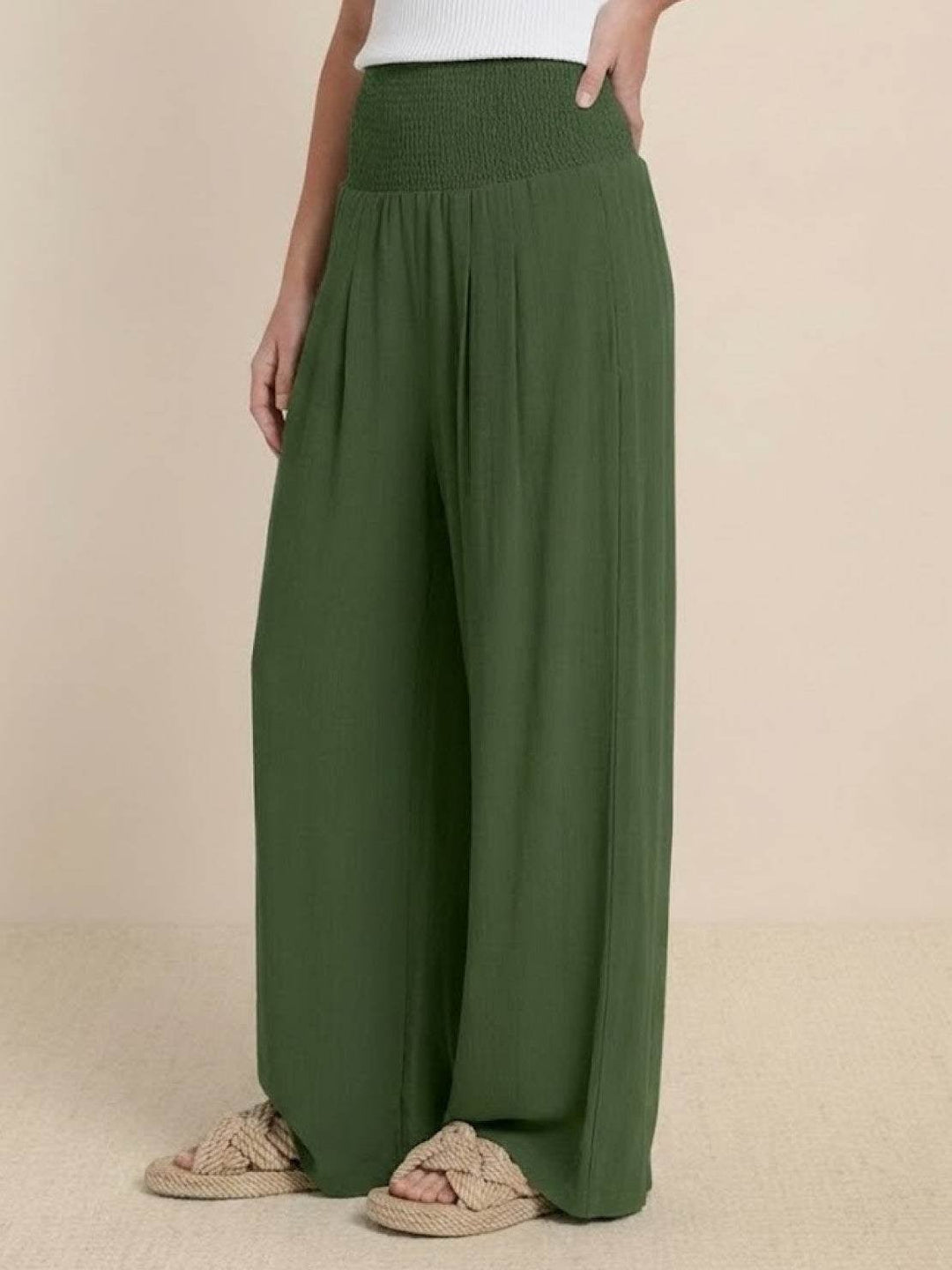 Back view of army green high waist wide leg pants