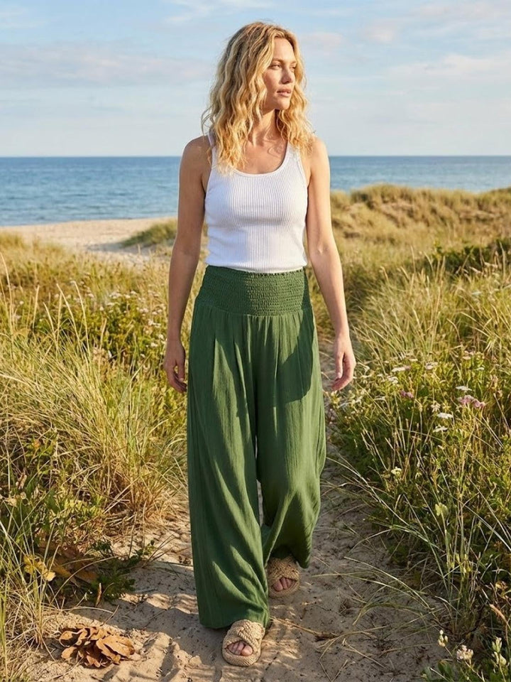 Side view of black wide leg pants showing full-length palazzo-inspired cut