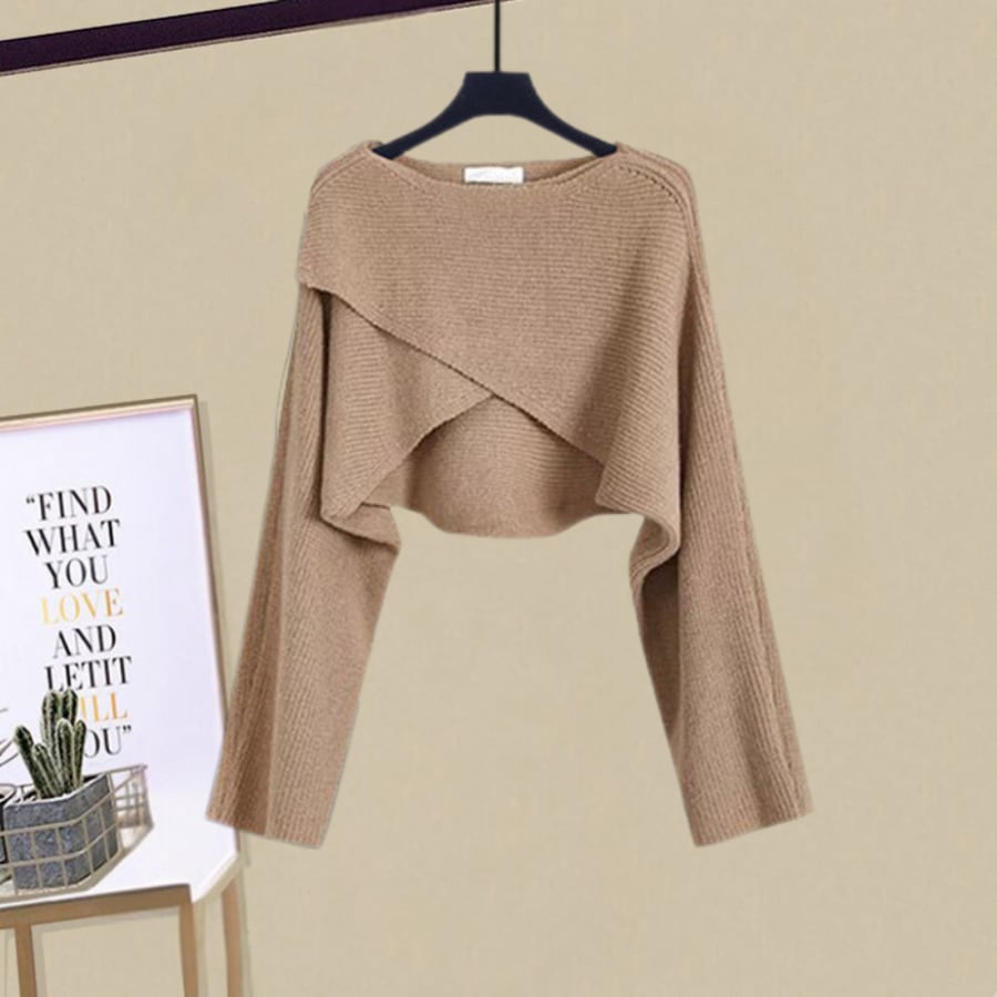 Model wearing the brown knit A-line dress paired with the matching cropped sweater from Florimay
