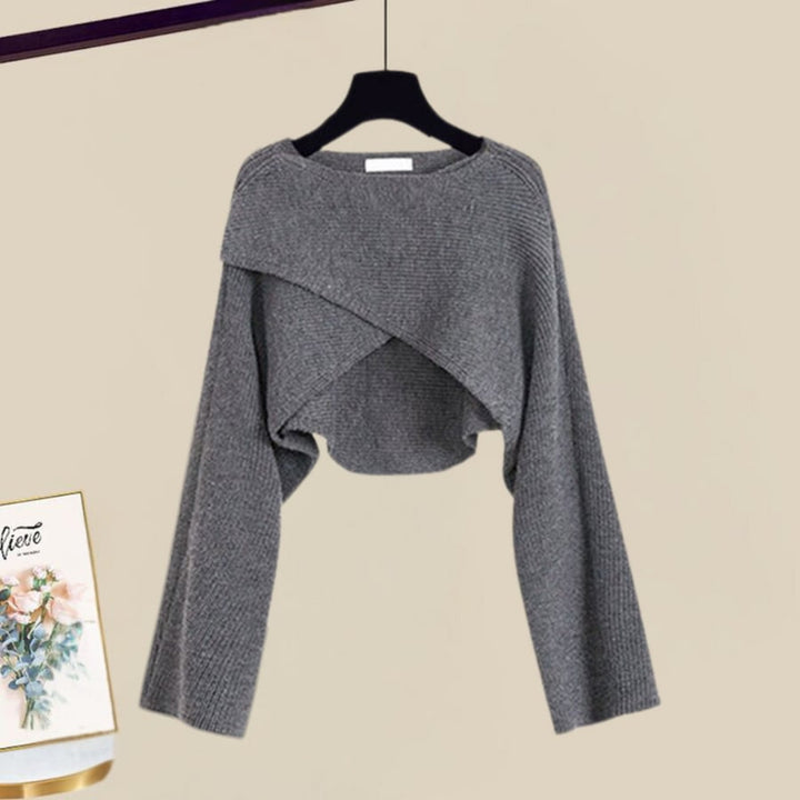 Front view of the Florimay 2-in-1 knit dress set in brown showing the full A-line silhouette