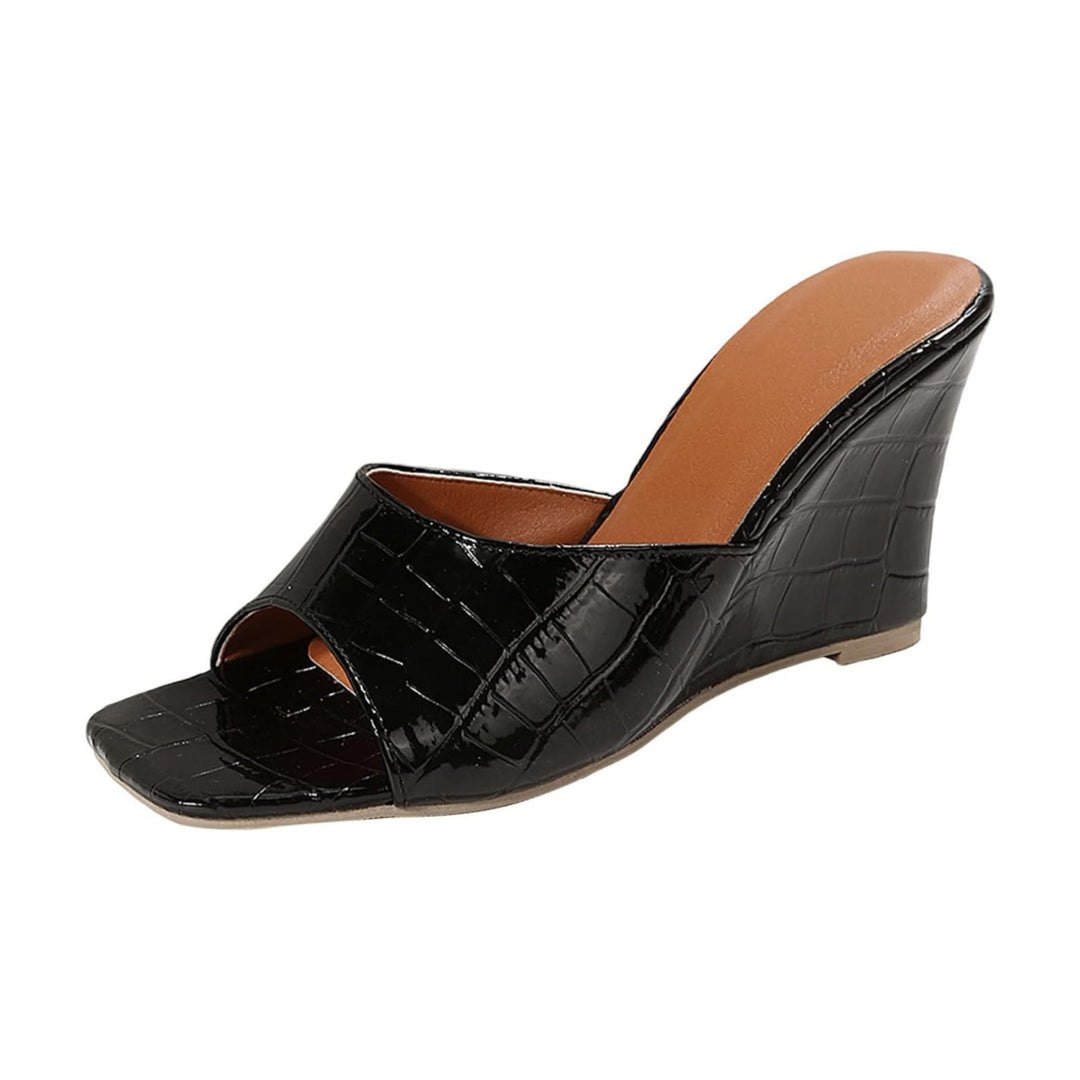 Side-by-side color lineup of Eden wedge shoes in blue, yellow, nude, and black