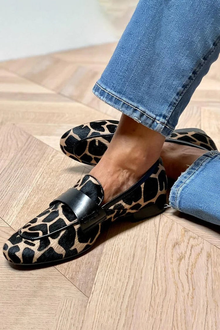 Front angle of Florimay Edith animal print loafers showing bold pattern detail and comfortable slip-on design