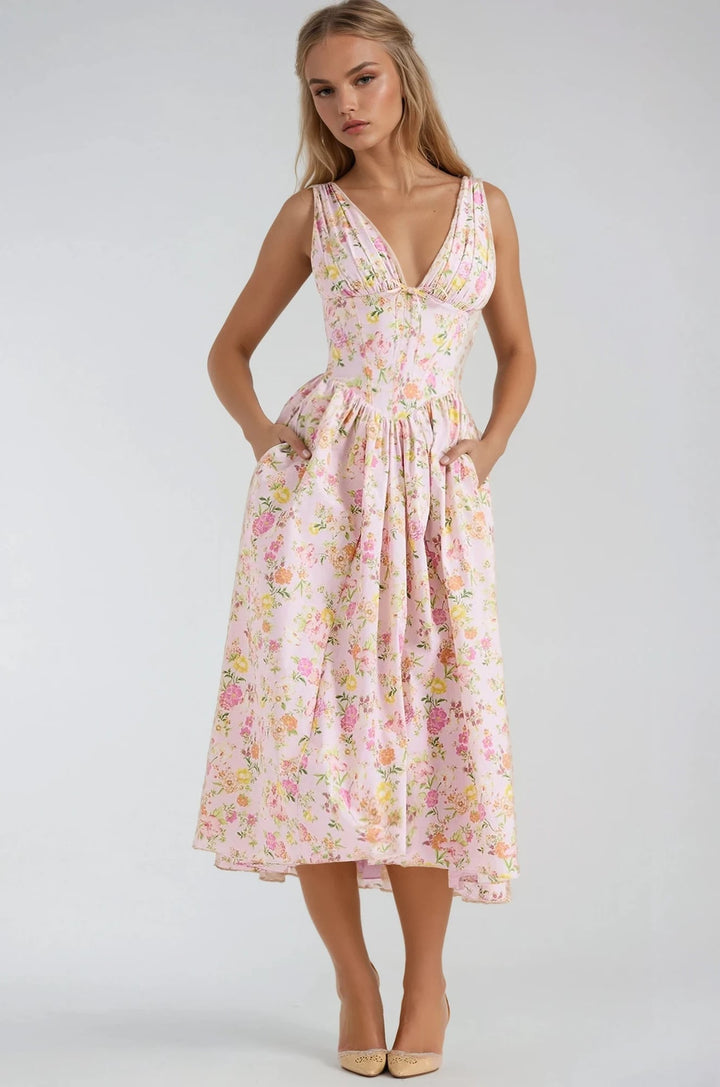 Close-up of the Edith summer dress in pink floral, highlighting the lightweight fabric and feminine details
