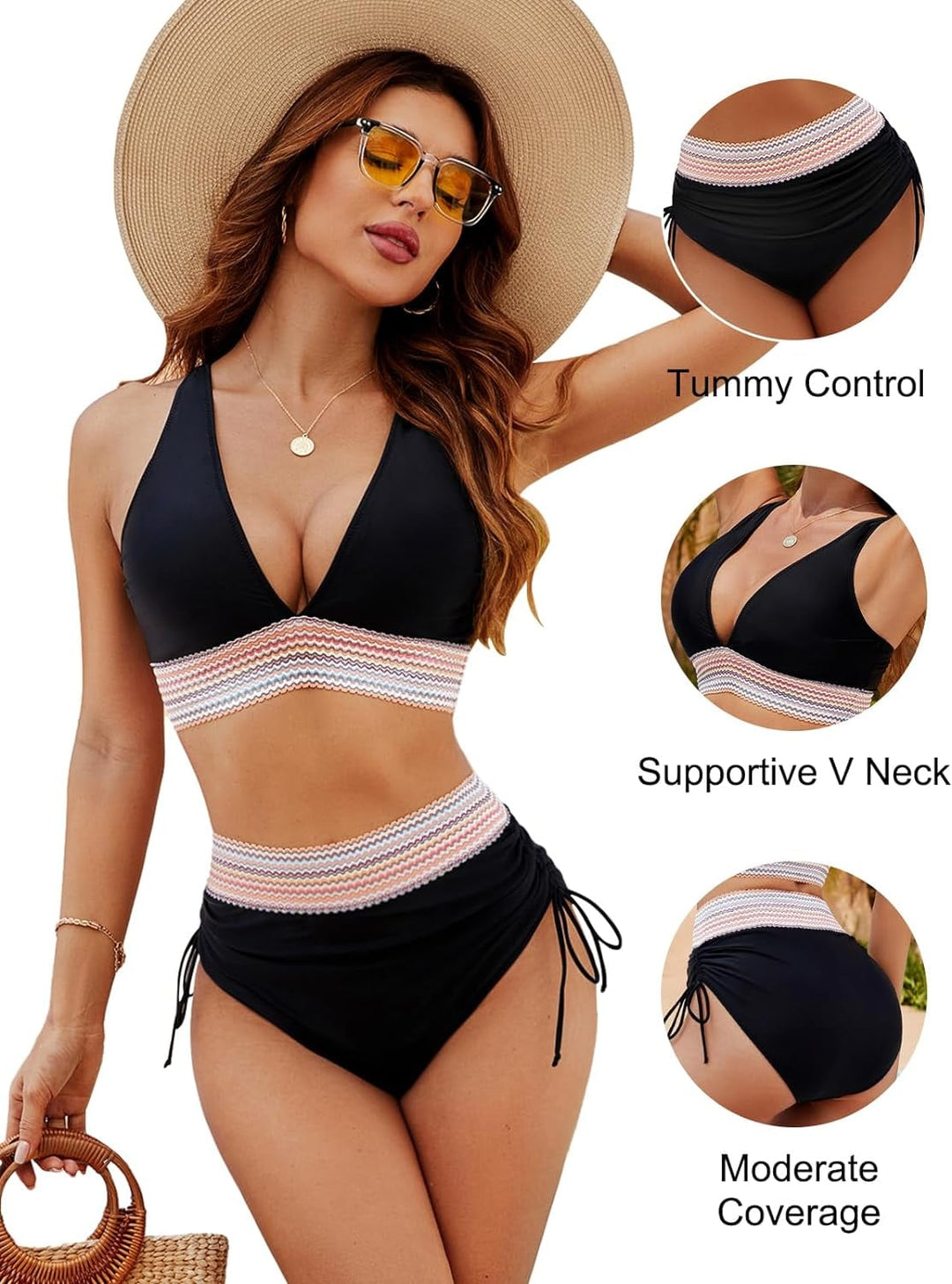 Woman posing poolside in a navy blue push-up bikini set with high-waist smoothing bottoms
