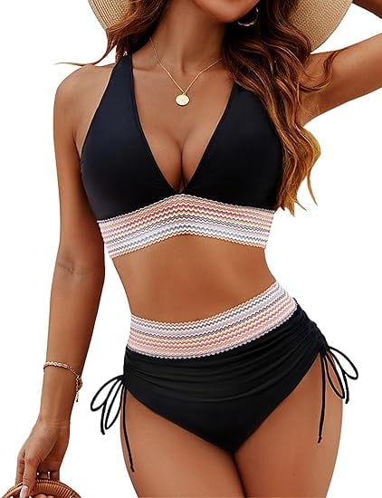 Full-length view of a woman in a red tummy control bikini set showing the flattering high-waist cut
