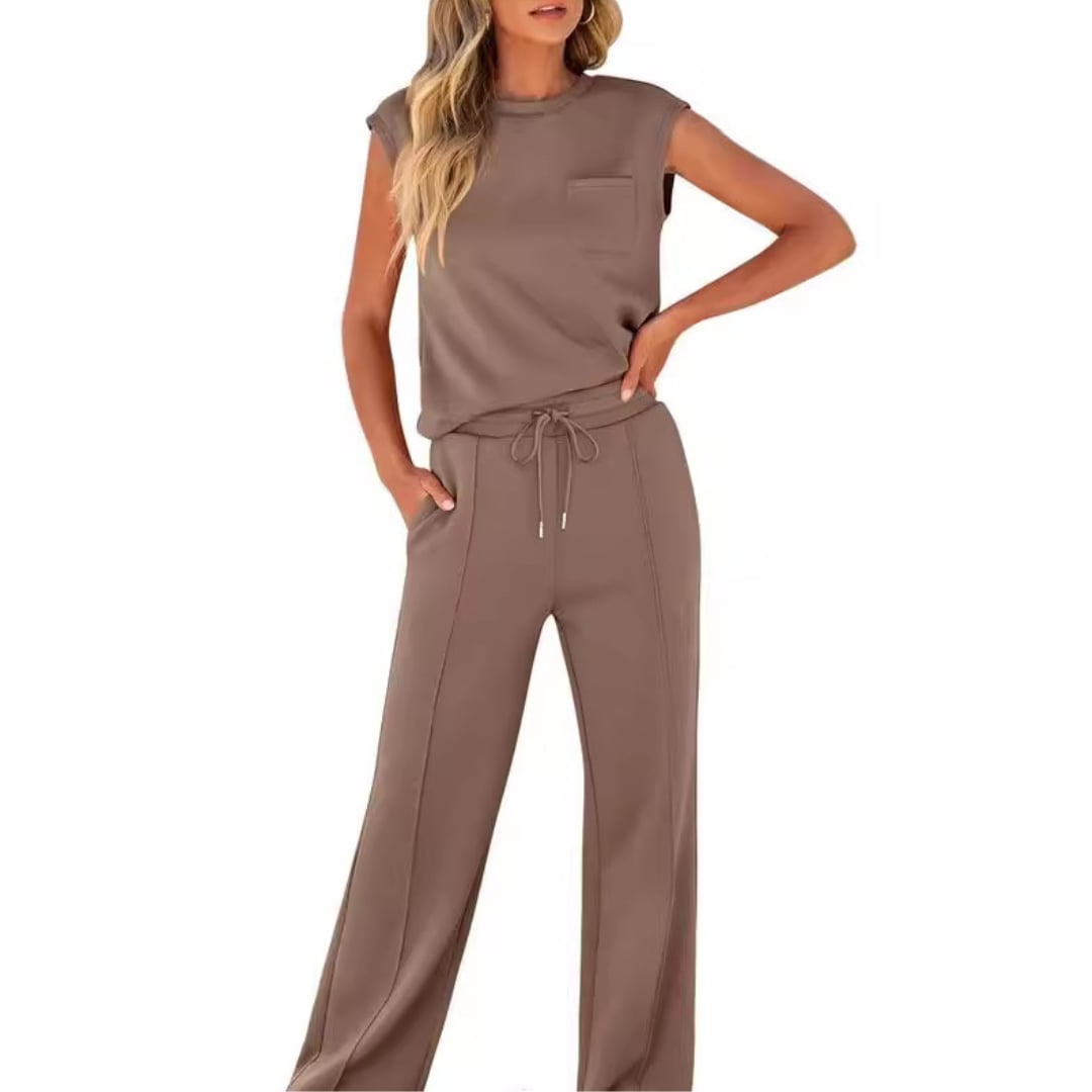 Close-up flat lay of the casual summer lounge set fabric showing lightweight breathable texture
