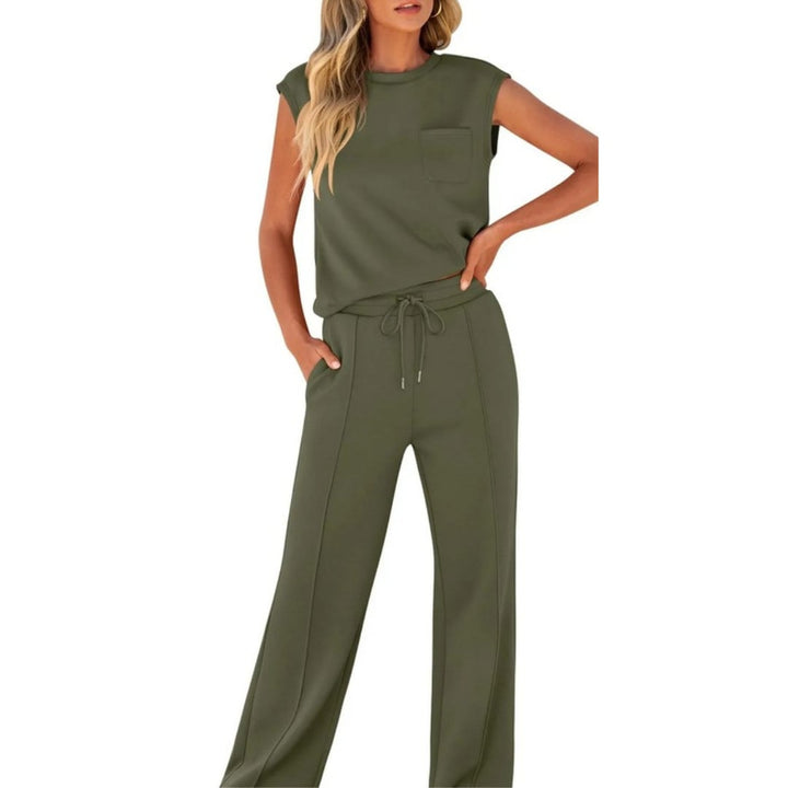 Model wearing the casual summer co-ord set in Ocean Blue showing full length styling