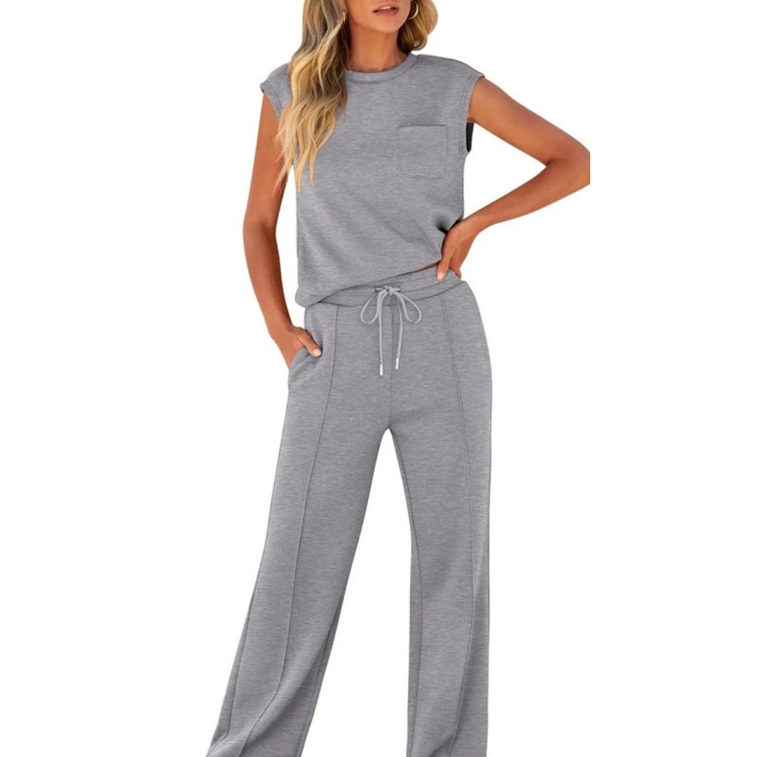 Flat lay of the lounge co-ord set in Rose Red showing both the top and bottom pieces