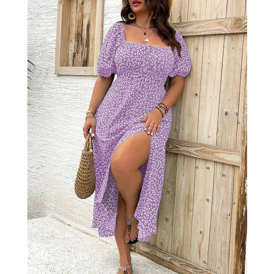 Back view of a purple plus size puff sleeve maxi dress showing full flowing skirt