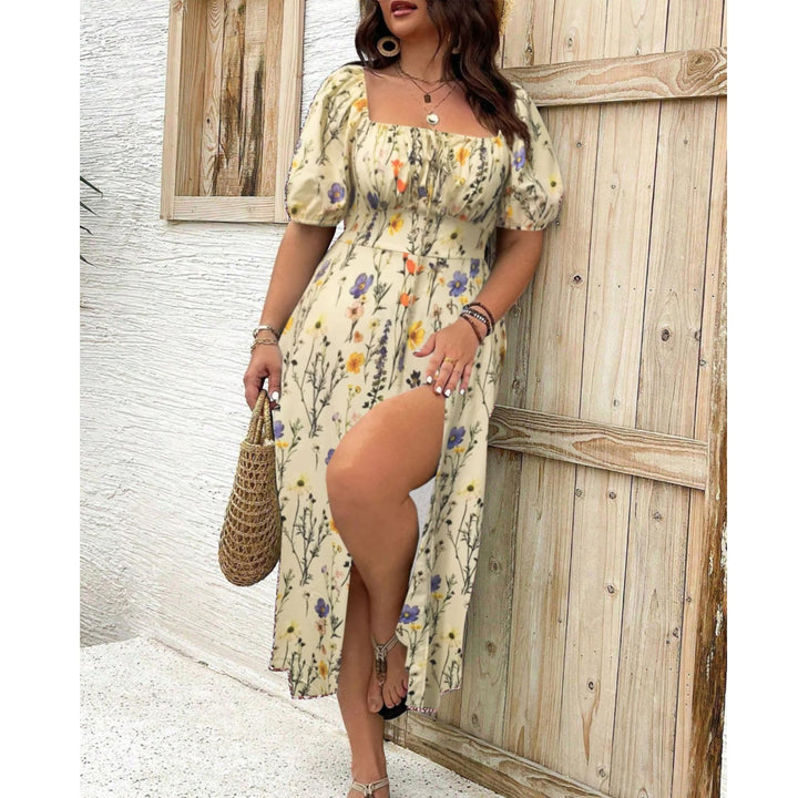 Size chart for plus size puff sleeve maxi dress showing bust, waist, sleeve, and length measurements