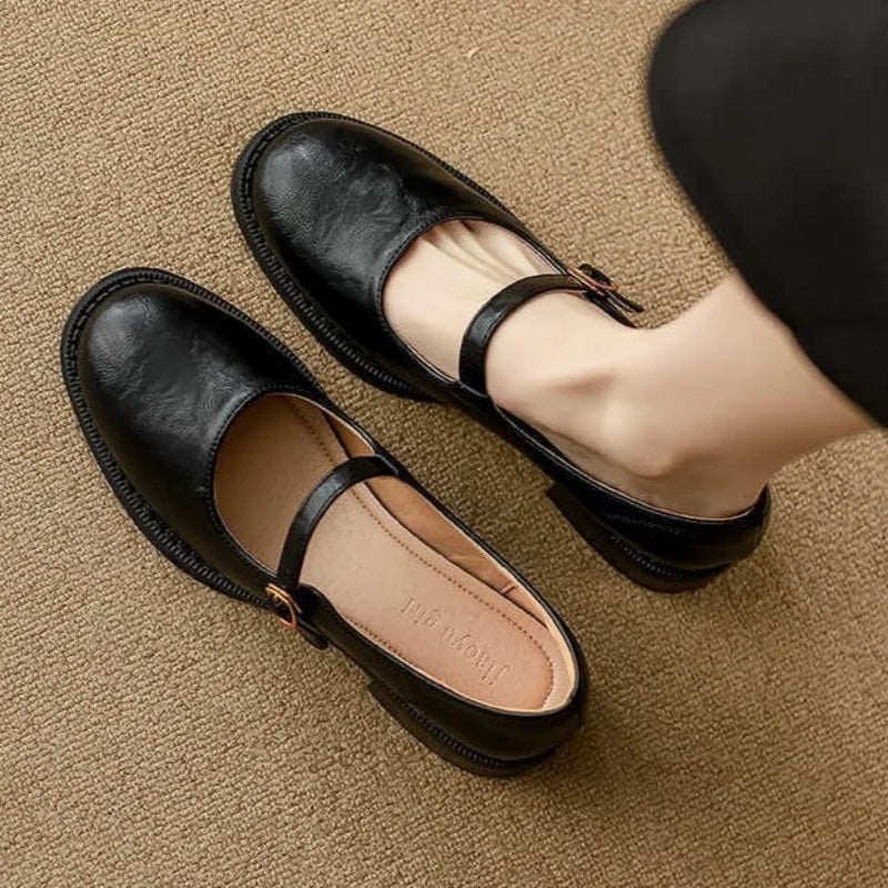 Eleanor leather-look mary jane shoes with low block heel and single adjustable strap in brown