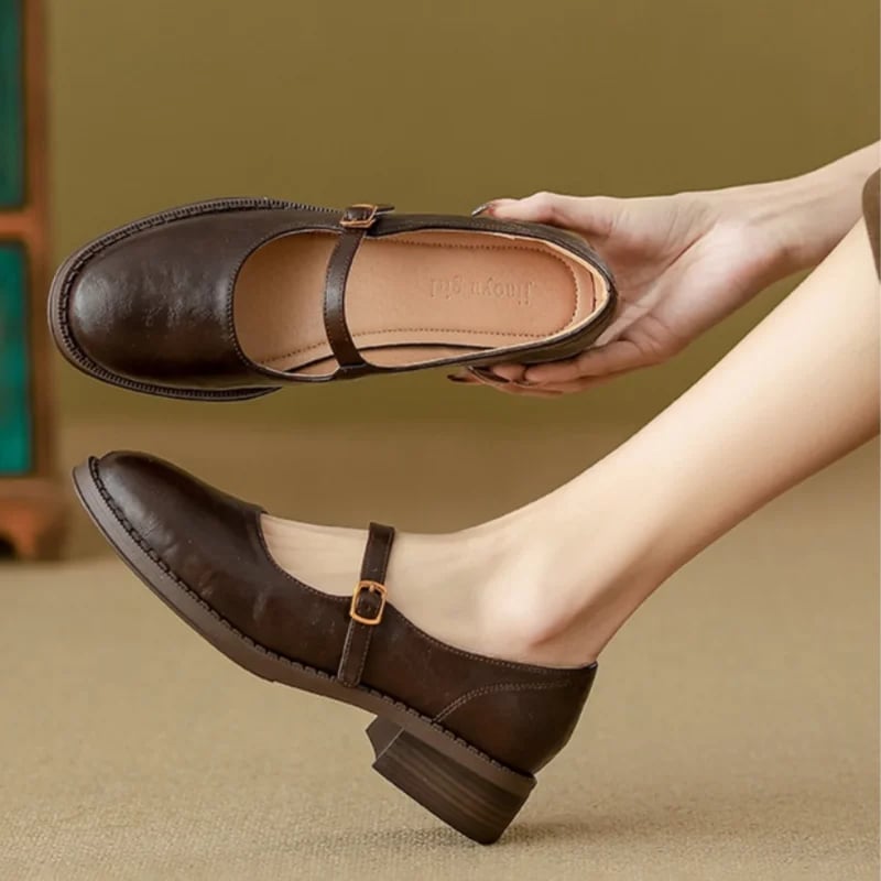 Top-down view of Eleanor mary jane shoes in black highlighting round toe design