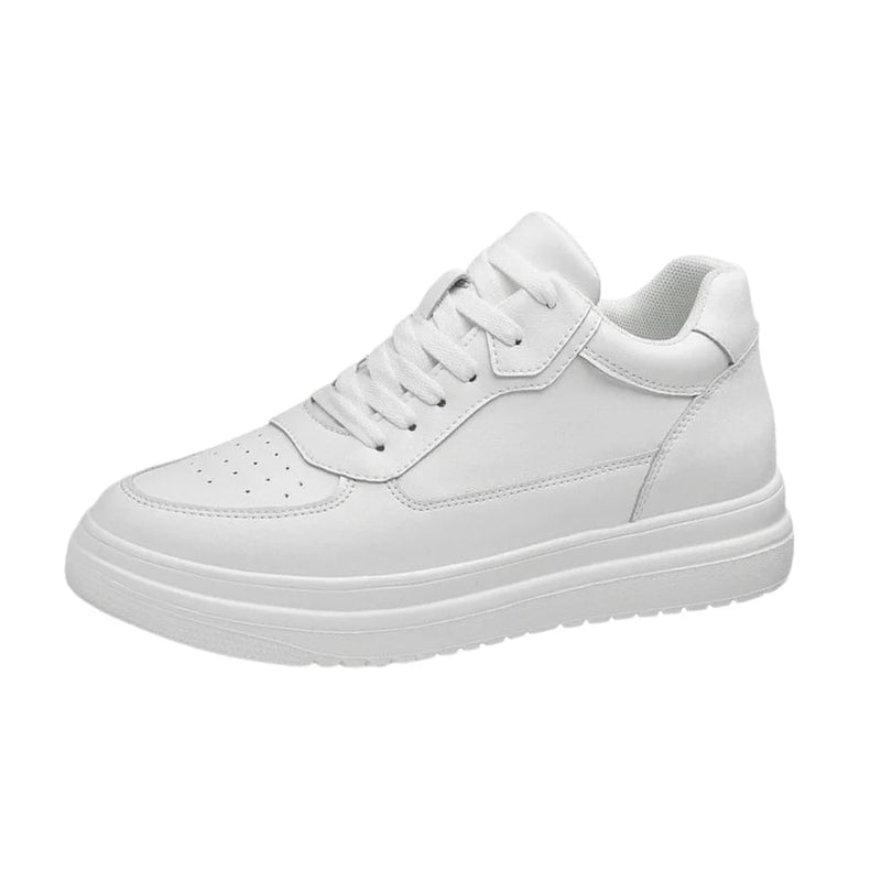 White height-boosting elevator sneakers with invisible lift, shown from the side