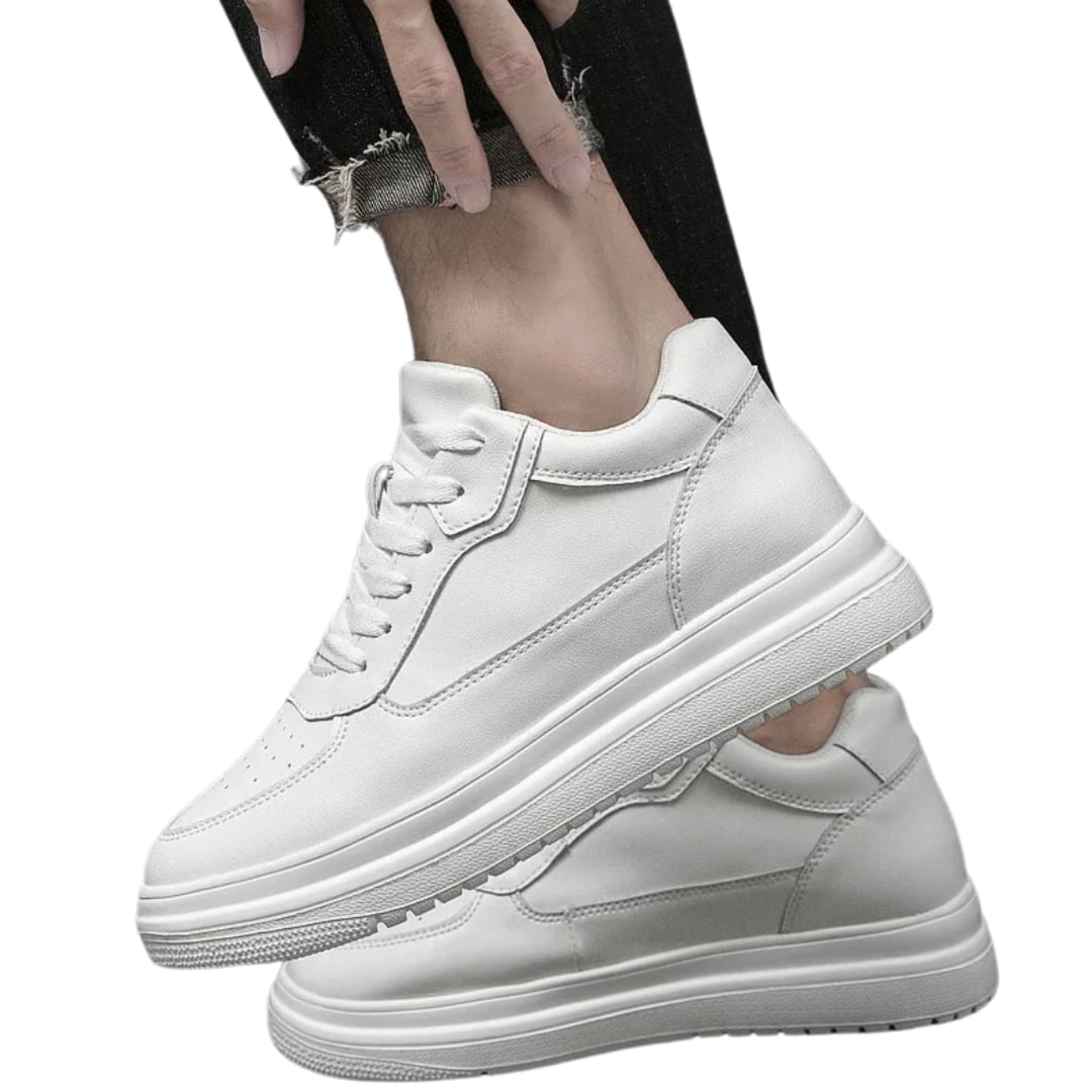 Black elevator sneakers with built-in hidden lift, clean minimalist silhouette