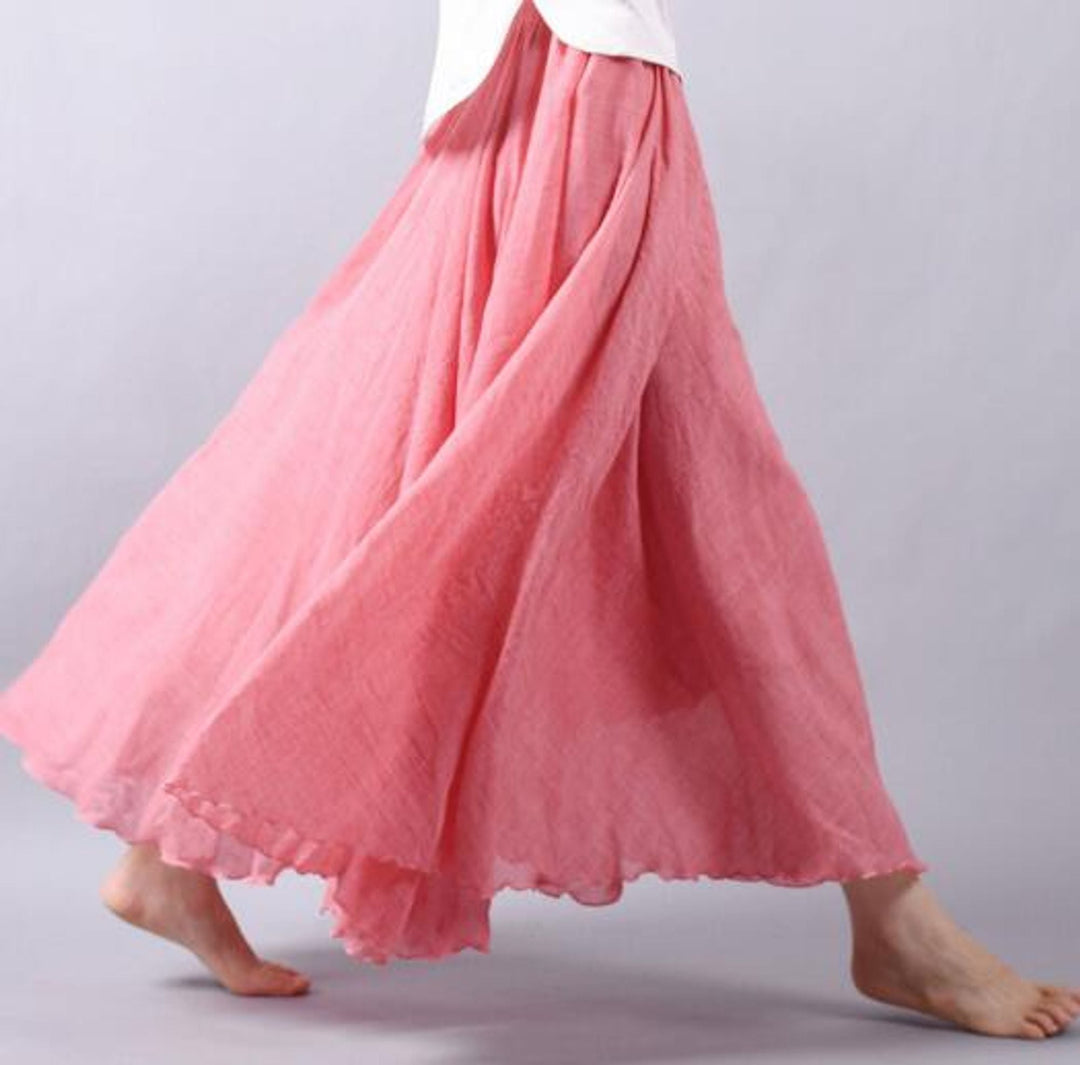 Color swatch overview of the Eliana flowy skirt in blue, dark pink, white, light pink, and pink