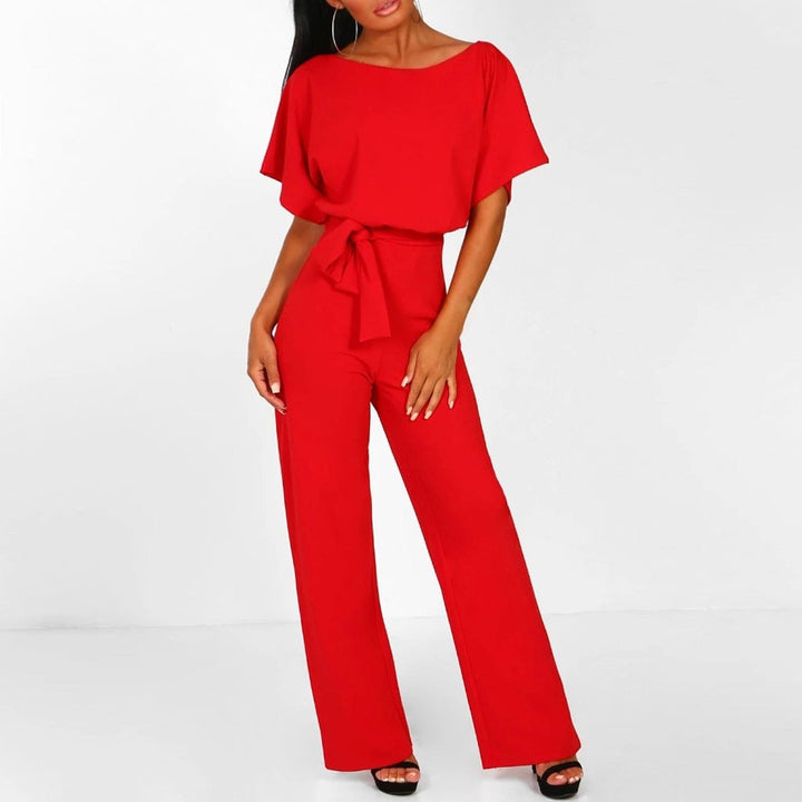 Florimay belted wide-leg jumpsuit shown in multiple color options including beige, blue, red, and dark blue