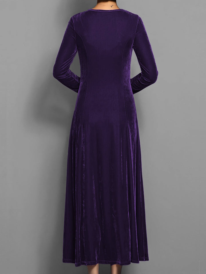 Elizabeth soft velvet dress in red displayed on a model, full length view