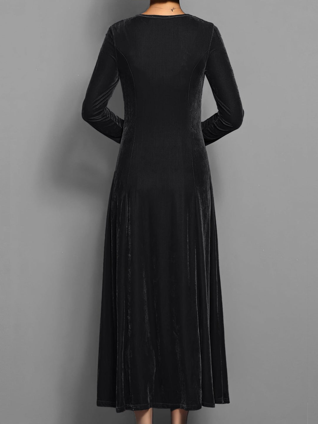 Flat lay of the Elizabeth soft velvet A-line dress in black showing overall silhouette and length