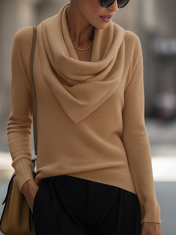 Camel colored long-sleeve cowl neck top displayed on a model in a casual setting